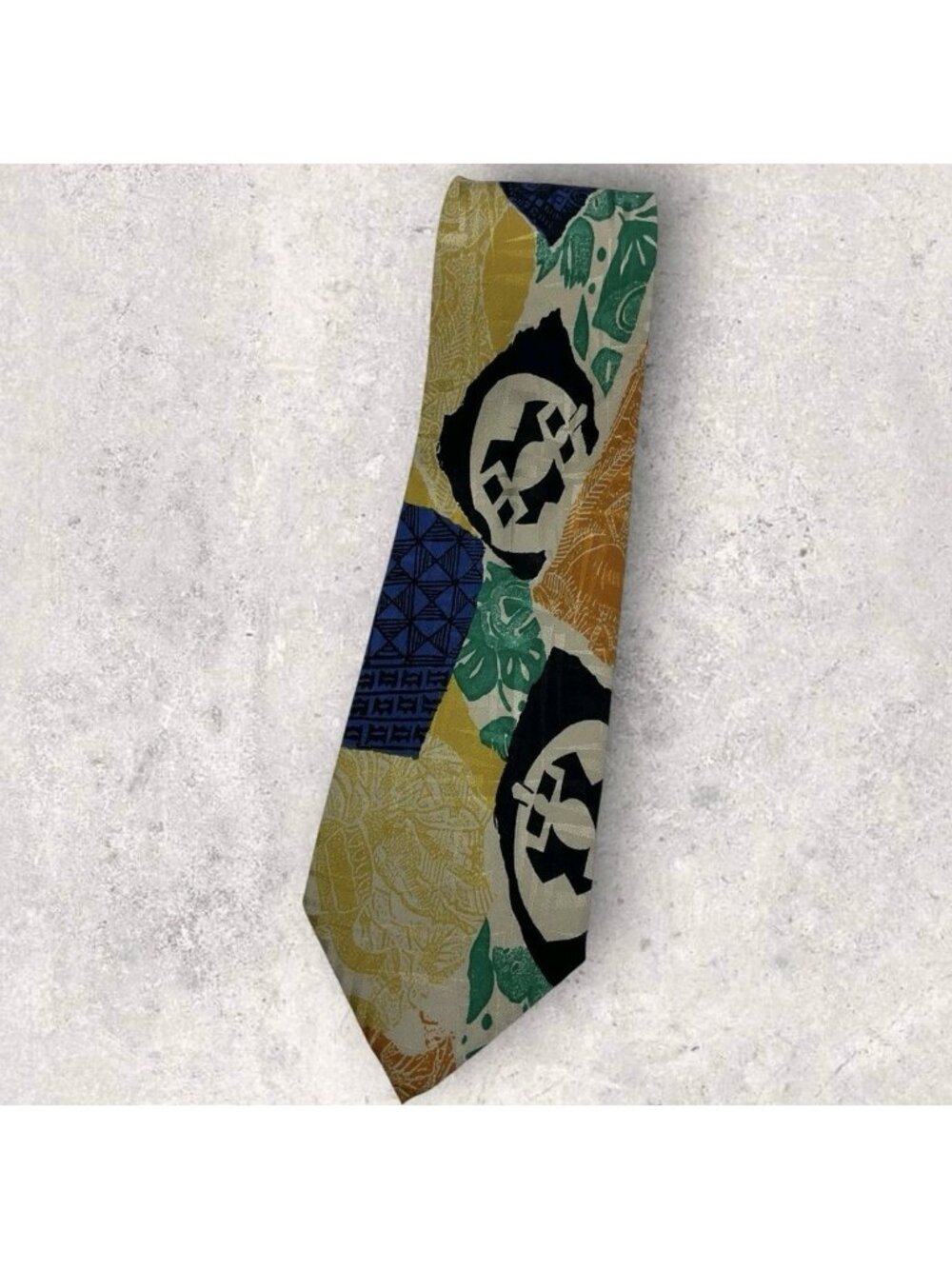 BALLY Silk Tie ITALY Blue Beige Green Geometric Art W:3.6" EUC